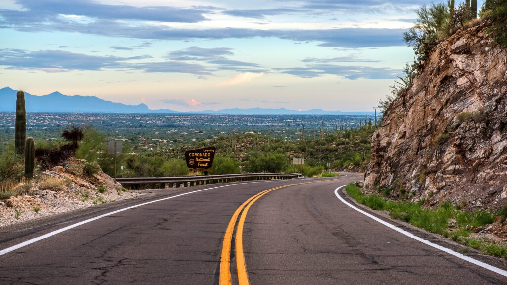 Rural two-lane road in Arizona near Coronado National Forest