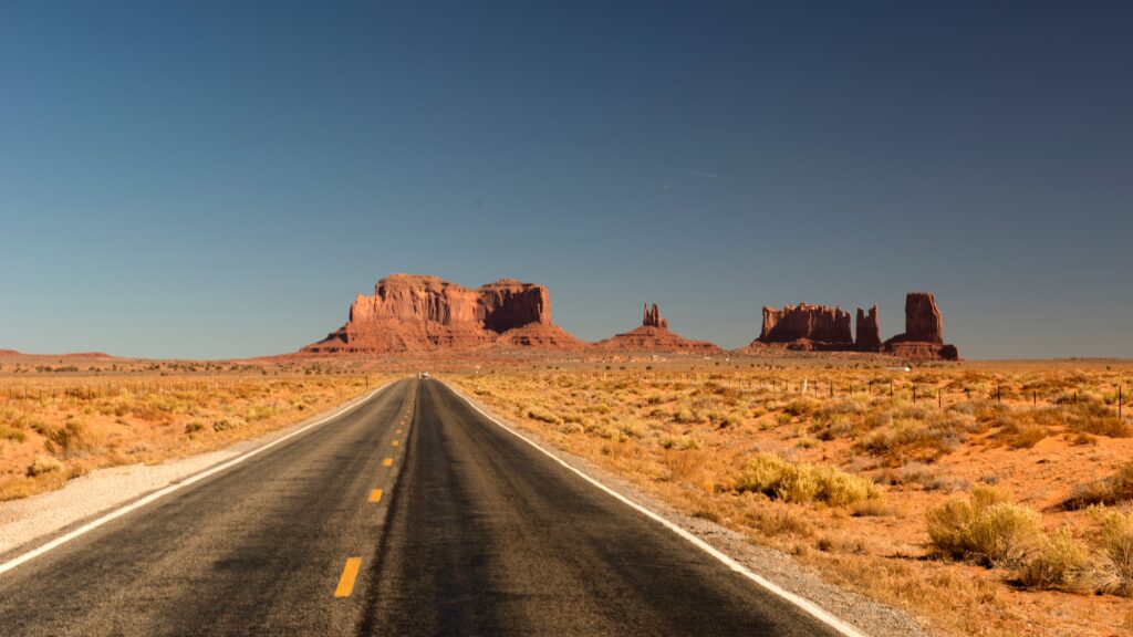 Rural two-lane road in Arizona near Monument Valley